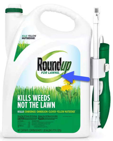 A bottle of Roundup For Lawns.